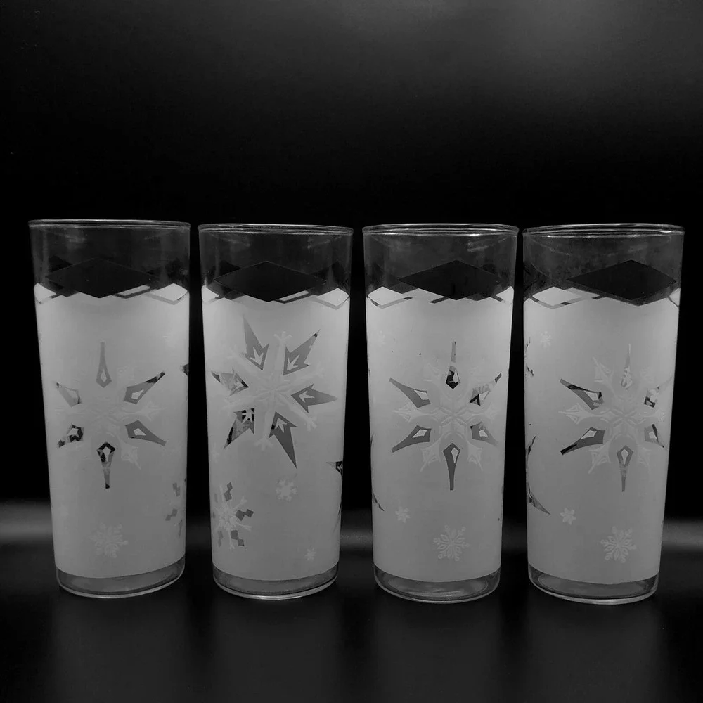 Anchor Hocking Frosted Snowflake Tall Glass Tumblers MCM Black White Diamond Bar
